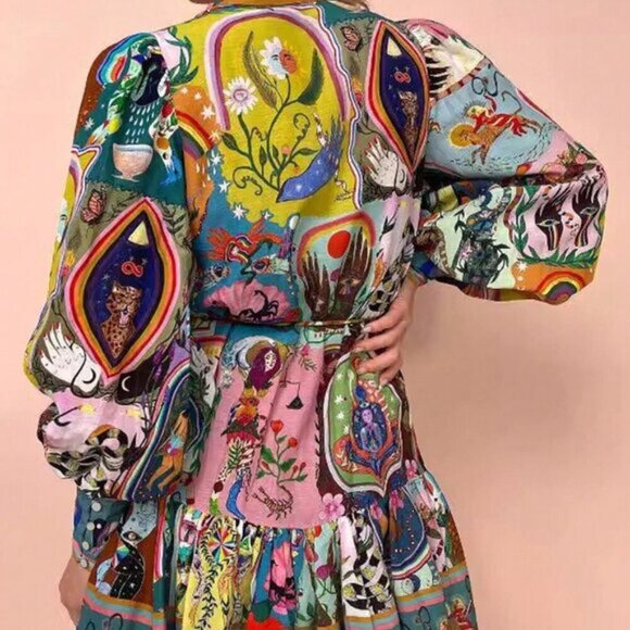 Multicolor Boho Women's Vacation Casual Retro Printed Tied Long Sleeve Dress - Picture 3 of 4